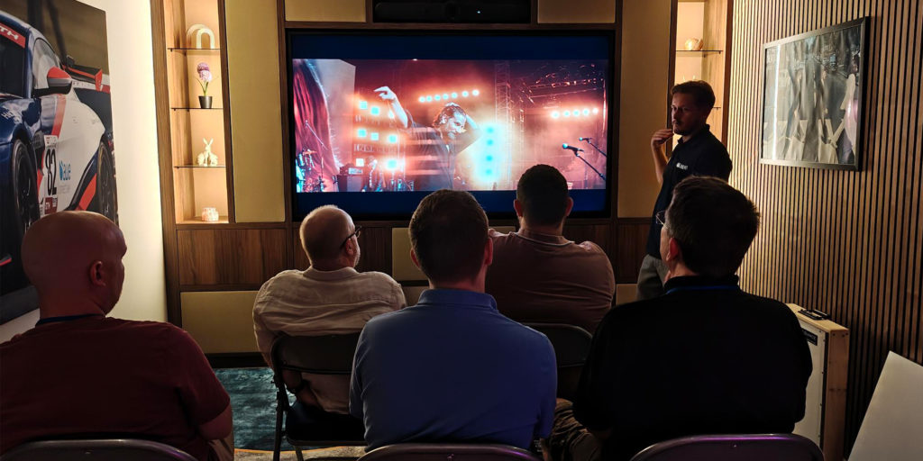 The AWE Media Room in Epsom, with invisible speakers, a Sony display and eero networking